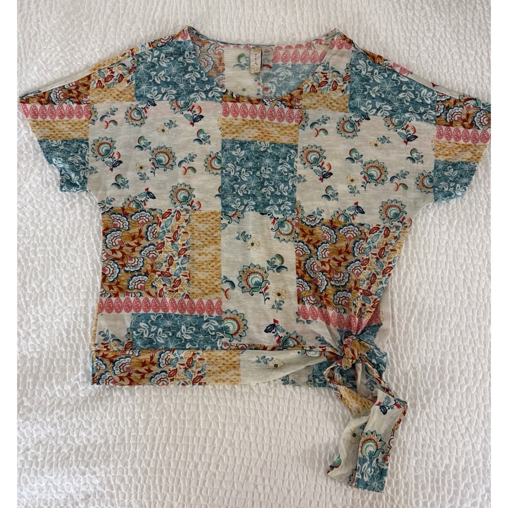 Misia Top Women's XL Blue Pink Patchwork Garden Floral Cottagecore Shirt